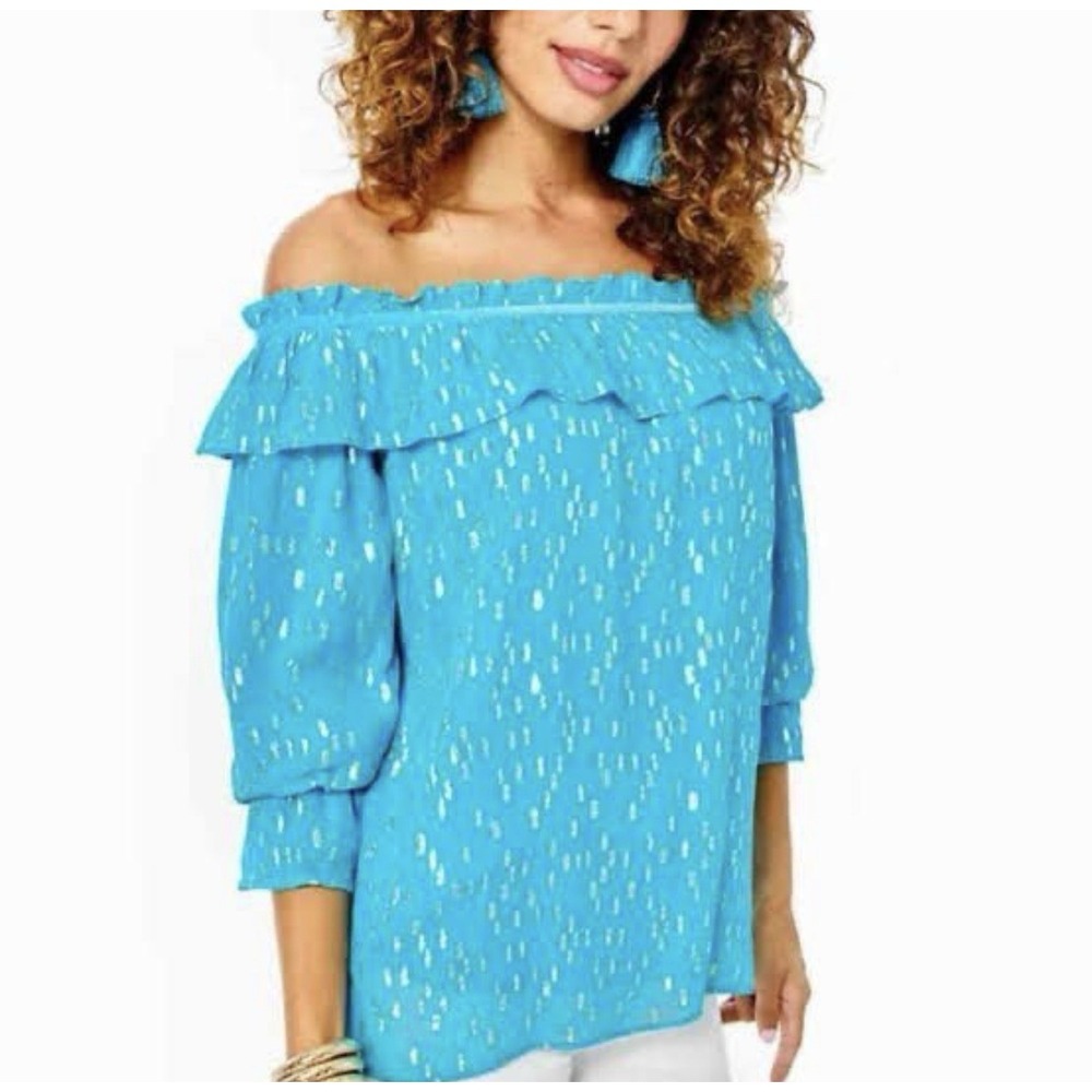 Lilly Pulitzer Ceecee Off-the-Shoulder Turquoise Oasis Metallic Top Size XS/S